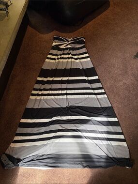 Strapless Black and White Stripe Maxi Dress